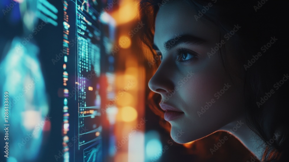 Poster close-up of a consultant explaining ai technology to a client, with charts and data holograms in the