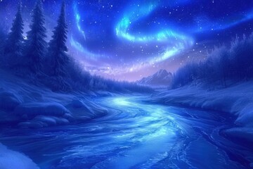 Fototapeta premium Frozen river glowing under the aurora borealis in a dreamlike winter scene