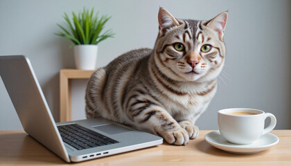 Curious gray tabby cat sitting on a wooden desk, tapping on a laptop in a clean workspace