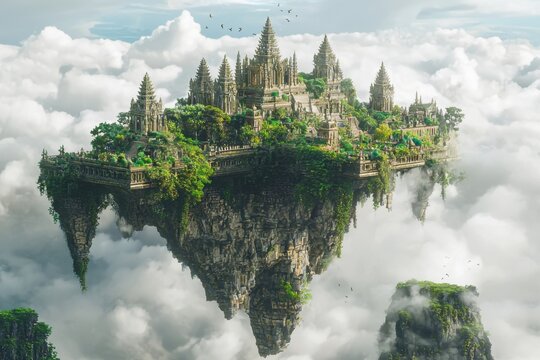 Majestic floating island with lush greenery and medieval architecture