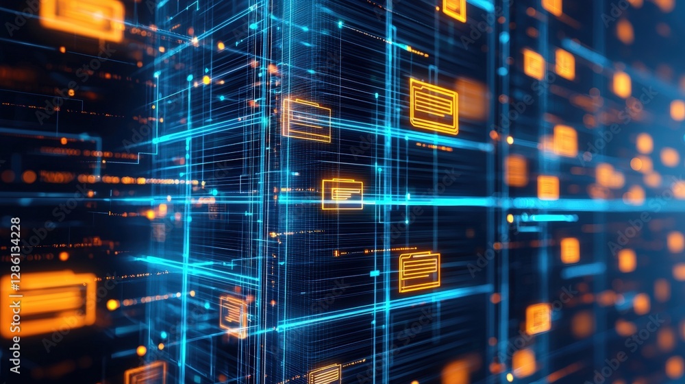 Poster abstract network grid with files and folders, futuristic software interface, digital document manage