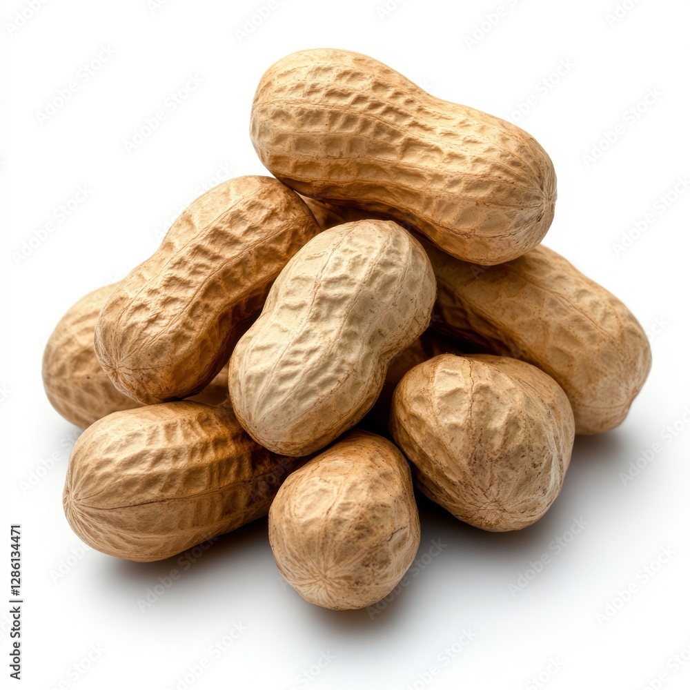 Wall mural peanuts in their natural shells, showcasing their texture and detail, isolated on a white background.