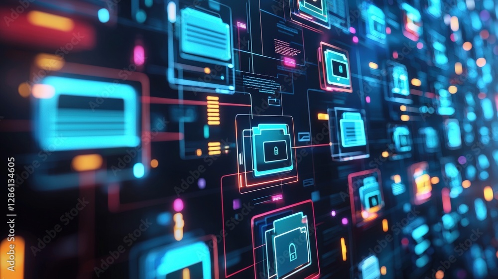 Poster abstract network grid with files and folders, futuristic software interface, digital document manage