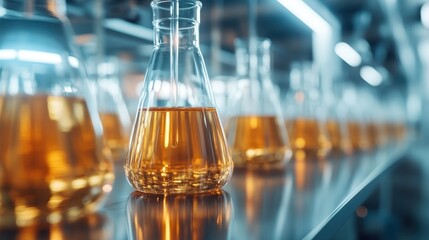 A captivating display of laboratory glassware filled with a golden liquid, symbolizing scientific exploration and discovery, enhanced by dramatic lighting and a modern aesthetic.