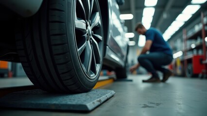 Fototapeta na wymiar Tire balancing, Close-up of a tire on a balancer in a garage under artificial lights with a technician adjusting weights. Hyper-realisti
