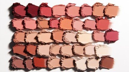 Close-up of creamy lipstick swatches in a variety of shades, creatively spread on a white background