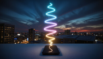 Smartphone emitting glowing chat bubbles in a spiraling helix, symbolizing digital communication
