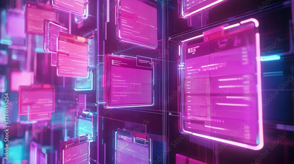 Poster abstract network grid with files and folders, futuristic software interface, digital document manage