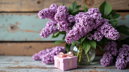 Elegant Mother's Day Celebration: Lilac Bouquet with Gifts on Rustic Wood - Perfect for Cards and Promotions