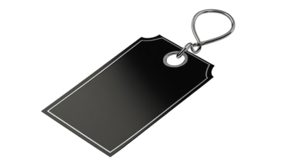 Blank black tag with a metal loop for labeling items or organizing belongings in various settings
