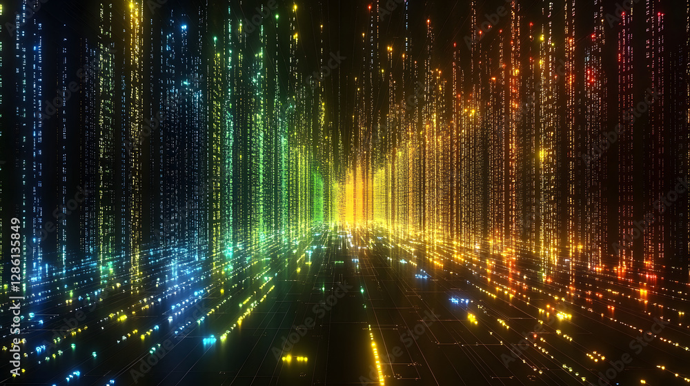 Poster digital spectrum: an artistic portrayal of data streams, painted with vibrant neon lights in a mesme