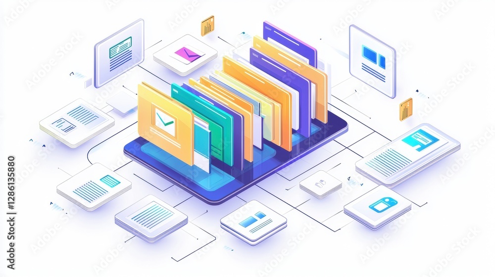 Poster abstract network grid with files and folders, futuristic software interface, digital document manage