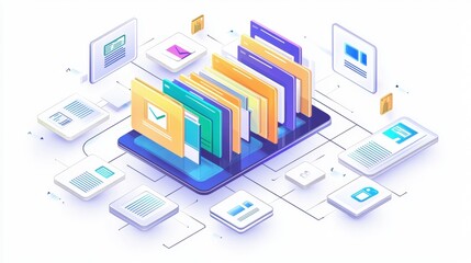 Abstract network grid with files and folders, futuristic software interface, digital document management system, store, search and organize documents, corporate business, paperless office