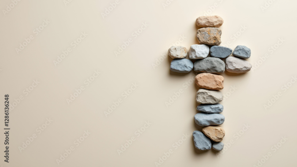 Poster a cross constructed from a stack of colorful stones against a light background.