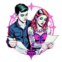 Studying Paperwork Together Couple in Modern Pop Art Style