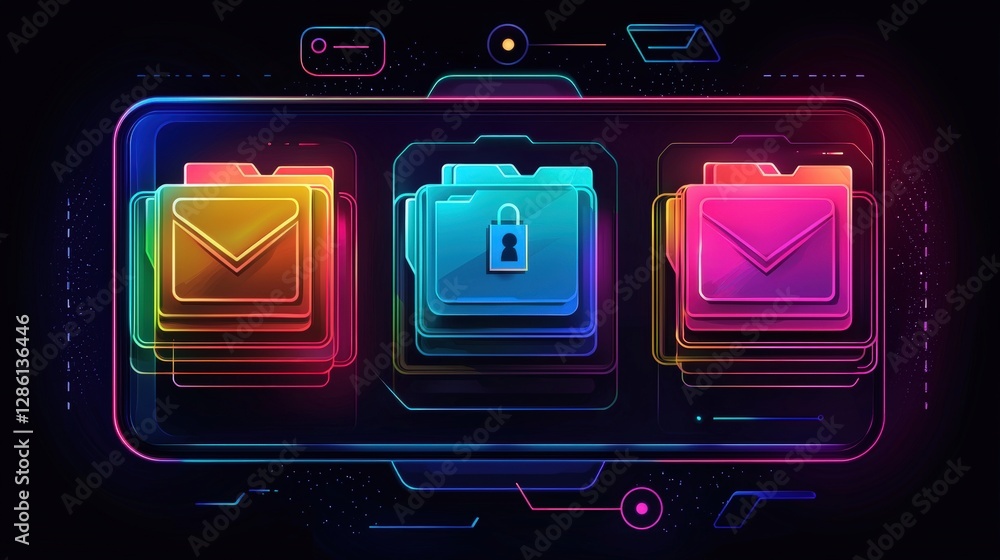 Poster abstract network grid with files and folders, futuristic software interface, digital document manage