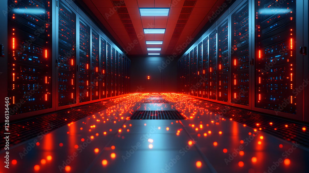 Poster data fortress: inside a high-tech server room, illuminated by a vibrant display of red and blue ligh