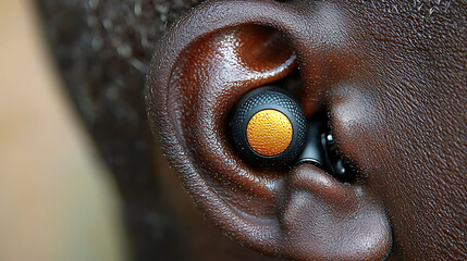 Closeup of an earbud in a persons ear, highlighting the detail of the skin texture and the devices design.  A powerful visual metaphor for connection, communication, and modern technology.