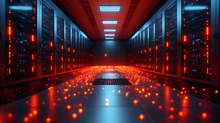 Data Fortress: Inside a high-tech server room, illuminated by a vibrant display of red and blue lights, rows of powerful servers hum with activity.