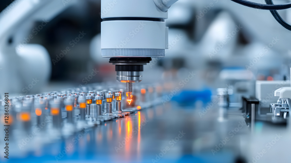 Poster robotic precision: a close-up captures a robotic arm meticulously working on a production line, with