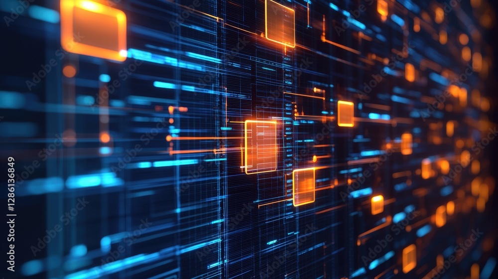 Poster abstract network grid with files and folders, futuristic software interface, digital document manage
