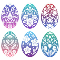 Vector set of gradient Easter egg clip art in folk art style. Collection of tracery decorative holiday eggs. Spring floral illustration isolated from background.