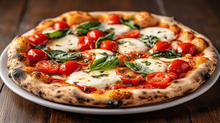 An enticing image showcasing a whole artisan Margherita pizza decorated with fresh toppings like mozzarella and tomatoes, celebrating the joy of sharing meals.