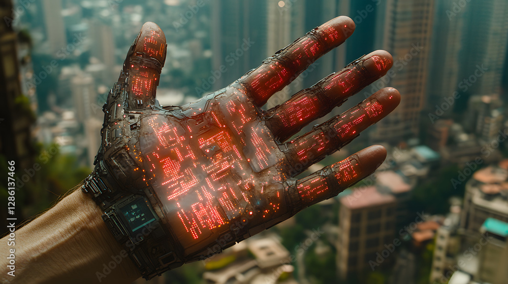 Poster technological hand: a close-up view of a futuristic hand adorned with intricate digital patterns, gl