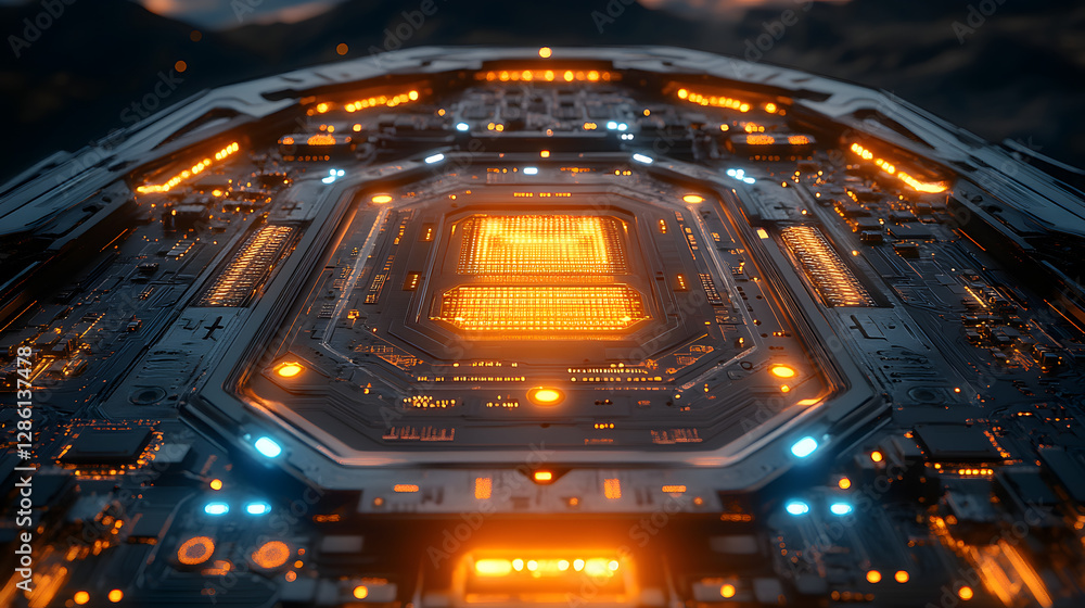 Poster cybernetic core: a close-up, mesmerizing view of a futuristic circuit board, radiating an electric a