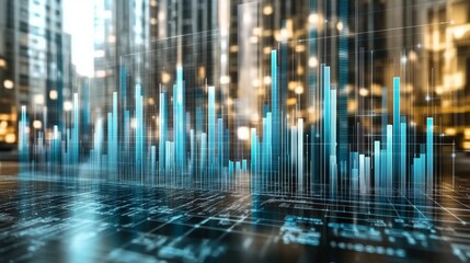 a cityscape with digital data overlay and graphs.