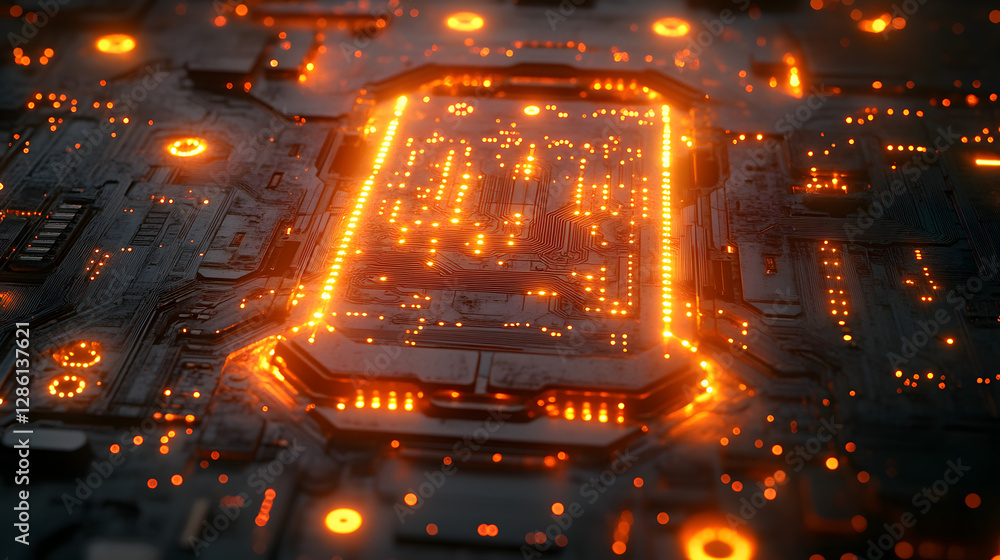Poster glowing circuitry: an intricate and futuristic computer circuit board glows with vibrant orange ligh