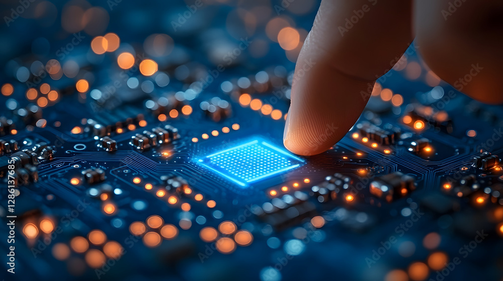 Poster digital precision: a close-up shot showcases a fingertip delicately touching a glowing microchip on 