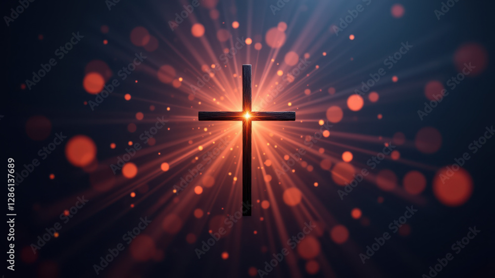 Poster symbolic christian cross with fiery background and blurred bokeh effect.
