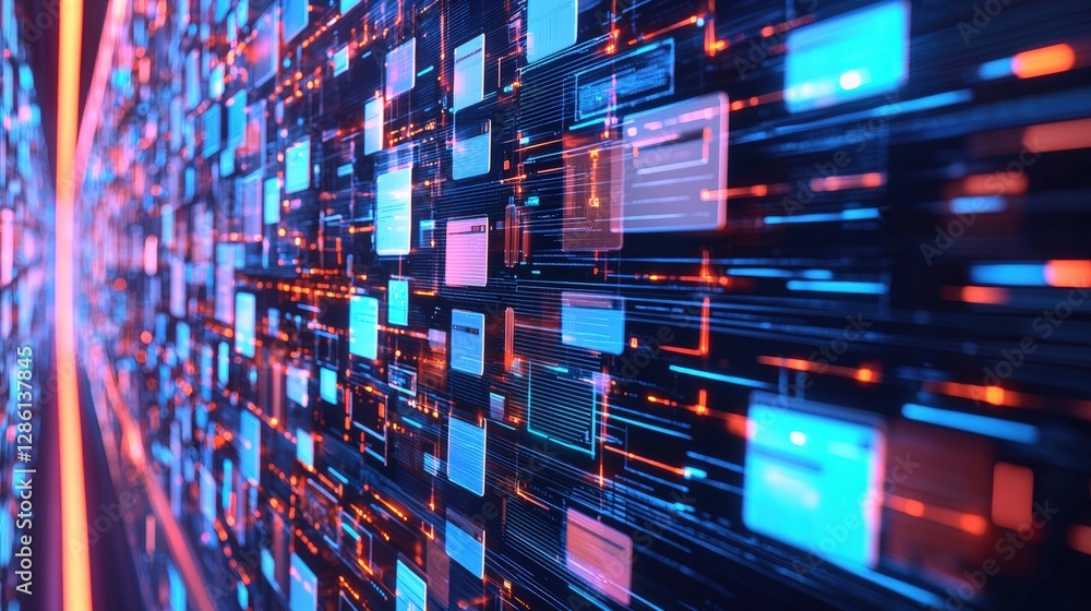 Poster abstract network grid with files and folders, futuristic software interface, digital document manage