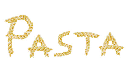 Pasta inscription watercolor. Hand drawn italian macaroni on white background. Food clip art. Ideal for pasta packaging, restaurant menus and posters