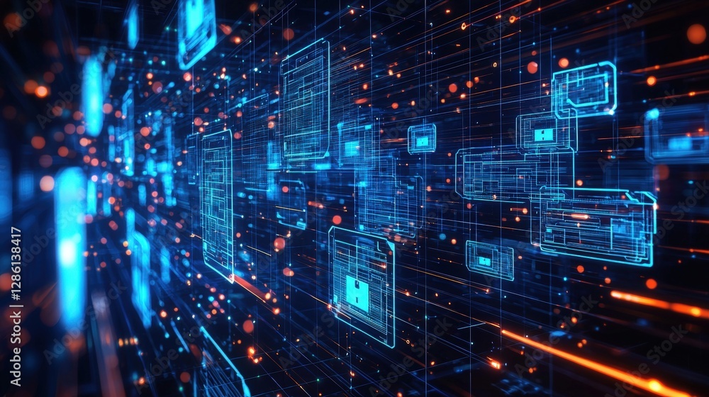 Poster abstract network grid with files and folders, futuristic software interface, digital document manage