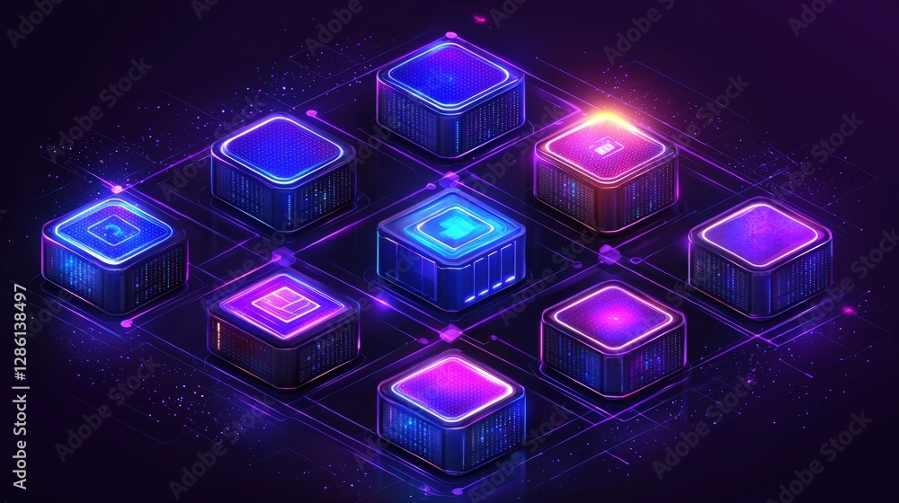 Poster a captivating set of glowing neon cubes arranged in a dynamic display of color and light