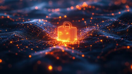 Cybersecurity visualization with a glowing padlock encased in a network of connected data points