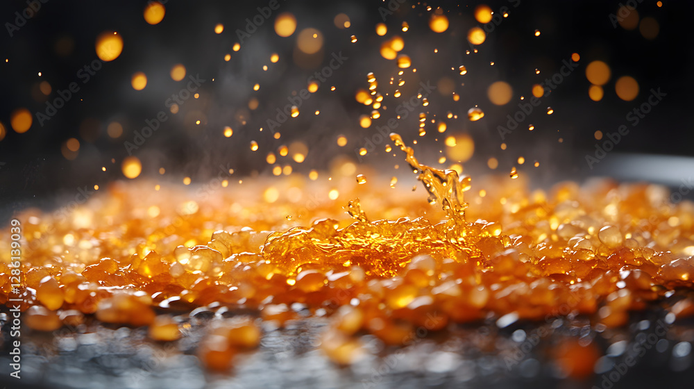 Poster golden liquid splendor: an abstract high-angle shot captures a dynamic scene of golden liquid, possi
