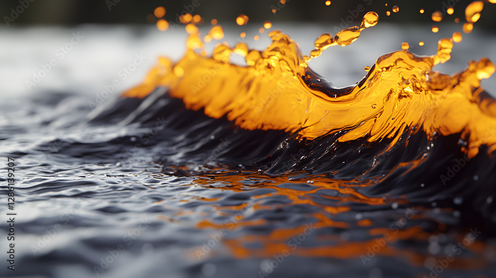Poster golden wave: a captivating display of water frozen in motion, with a wave cresting and golden light 