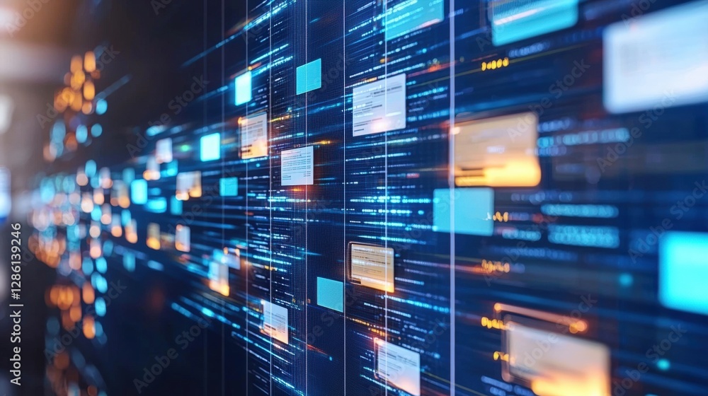Poster abstract network grid with files and folders, futuristic software interface, digital document manage