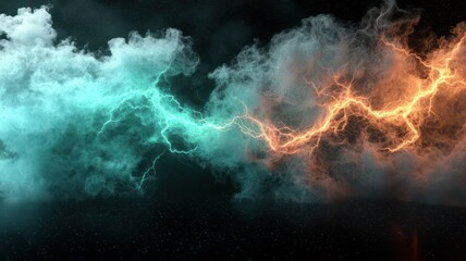 Abstract electric currents flowing over a dark background, neon blue and green hues, symbol of energy transfer, digital art