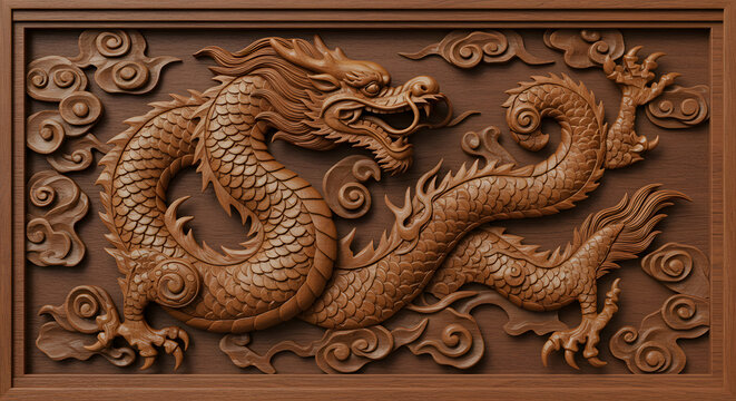 Carved Wooden Dragon Artwork with Clouds and Ornate Detailing