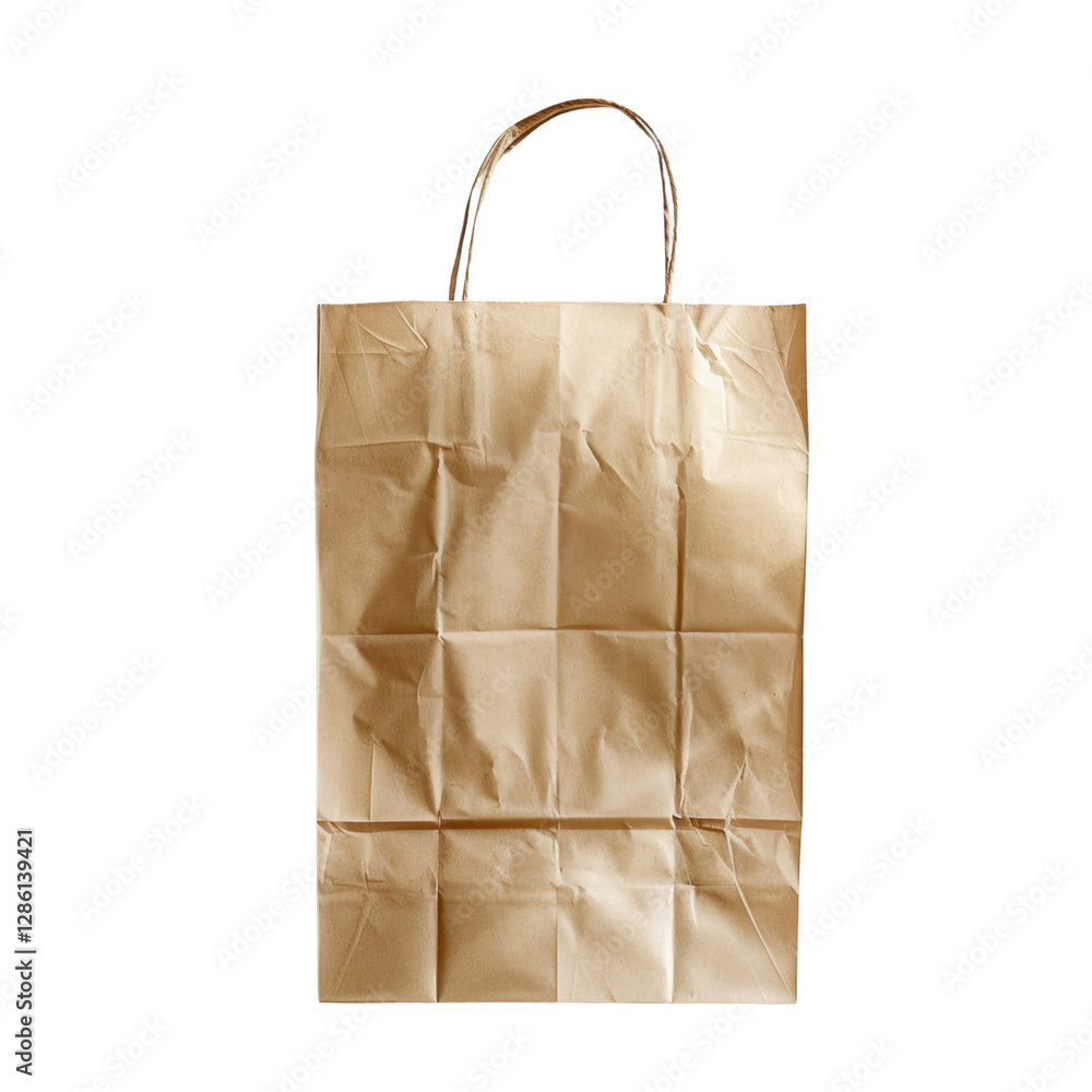 Poster crumpled brown paper bag with handles, ideal for shopping or packaging. its simple design and textur