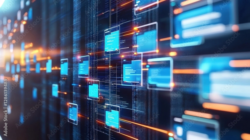 Poster abstract network grid with files and folders, futuristic software interface, digital document manage