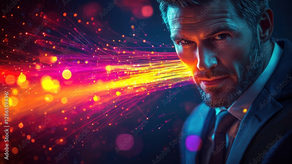 Poster Close-up portrait of a bearded man with intense expression and strong features against a neutral background