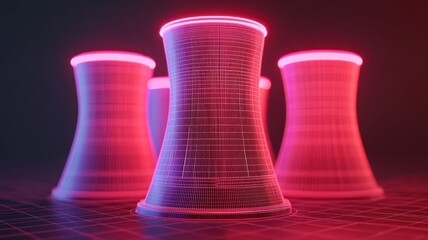 Conceptual 3D model of a nuclear reactor with glowing plasma, digital wireframe background, futuristic engineering design , closes up