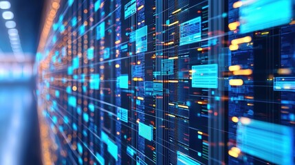 Abstract network grid with files and folders, futuristic software interface, digital document management system, store, search and organize documents, corporate business, paperless office