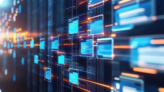 Abstract network grid with files and folders, futuristic software interface, digital document management system, store, search and organize documents, corporate business, paperless office