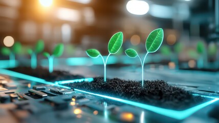 Holographic energy plant sprouting from a digital ground, neon green growth lines, tech-inspired concept, ultra-sharp details